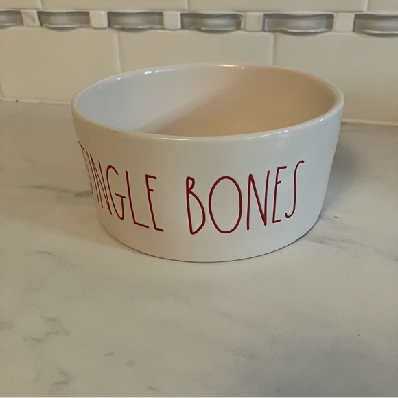 Rae Dunn jingle bones dog / pet food dish.  White with red  lettering.  EUC! - Picture 3 of 5